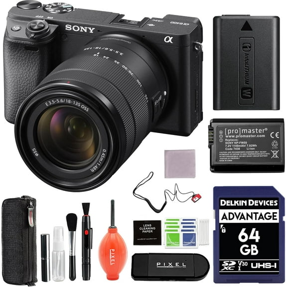 Sony a6400 Mirrorless Camera with 18-135mm f/3.5-5.6 Lens Bundle with Extra Battery, 64GB SD Card and Advanced Accessories | Sony Alpha 6400 Lens Kit