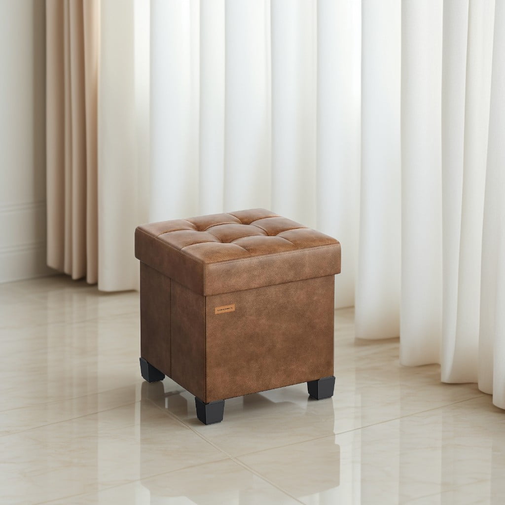 LEDREM 15" Ottoman Storage Bench, Foldable Footstool 660 lb Capacity with 10 Gallon Storage, Synthetic Leather, Coffee Brown
