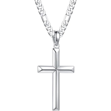 Soleilie S925 Sterling Silver Cross Pendant for Men, 16-24 Inch Figaro Chain Necklace for Men
