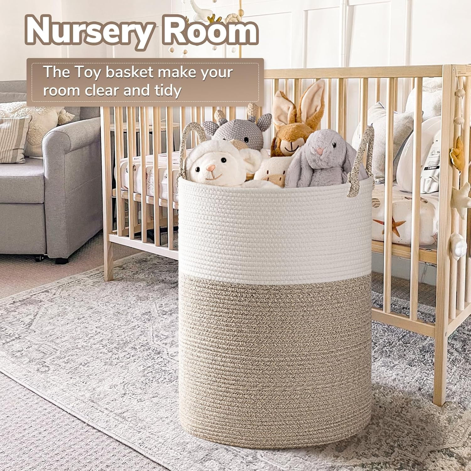 Large Laundry Hamper, 58L Tall Laundry Basket, Baby Nursery Hamper for Blanket Storage, Clothes Hamper for Laundry in Bedroom,15 x 20 inches, Light & Brown