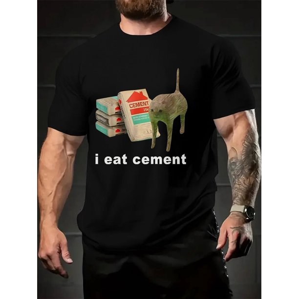 Camiseta informal de verano para hombre - Cuello redondo, algodón, estampado animal "I Eat Cement", negra, ligera y transpirable para un look informal.