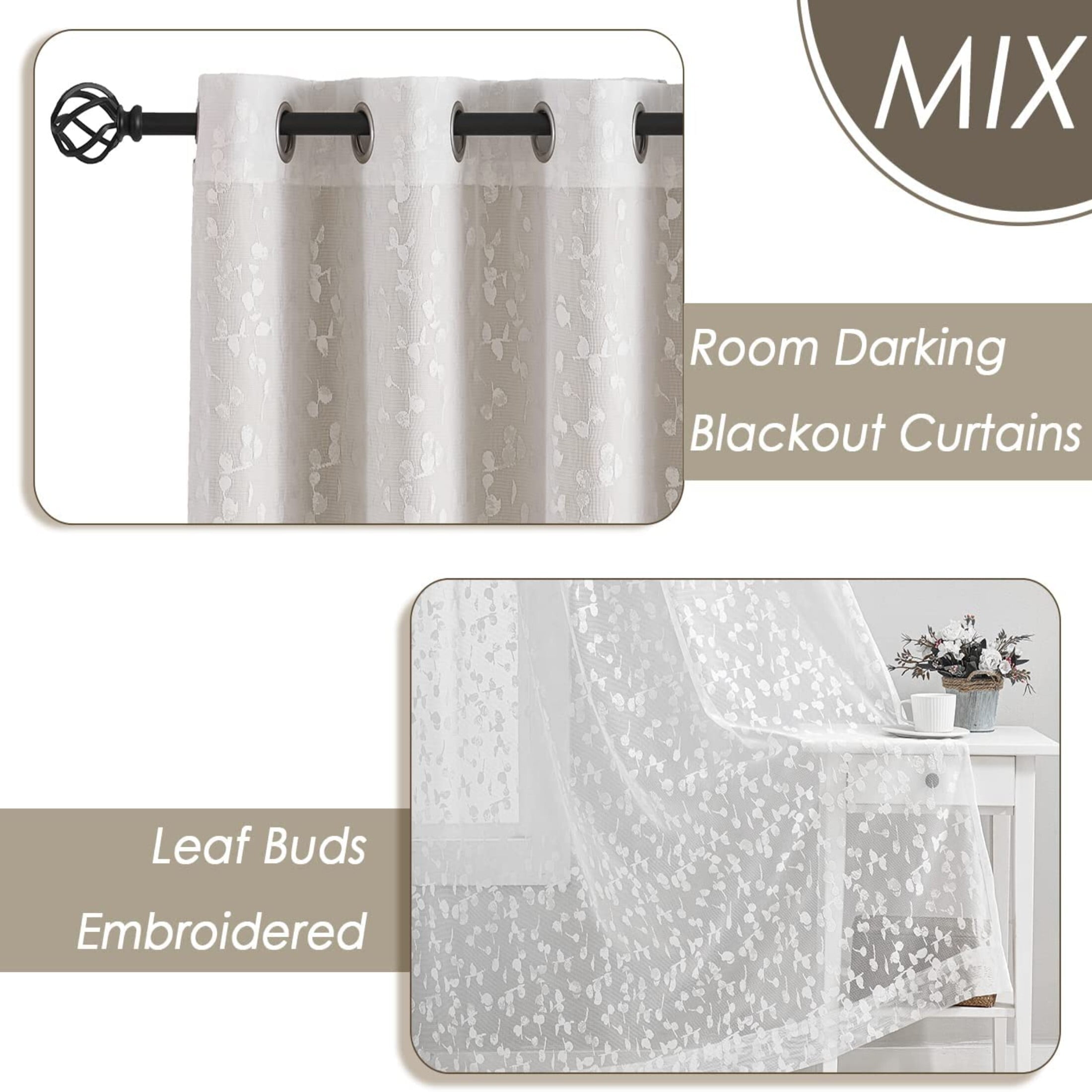 Flowpartex Beige White Mix Matched Full Blackout Curtains with Lace Leaf Sheer 4 Window Sheer Panels for Modern Bedroon Living Room Decor, 52" W x 95" L