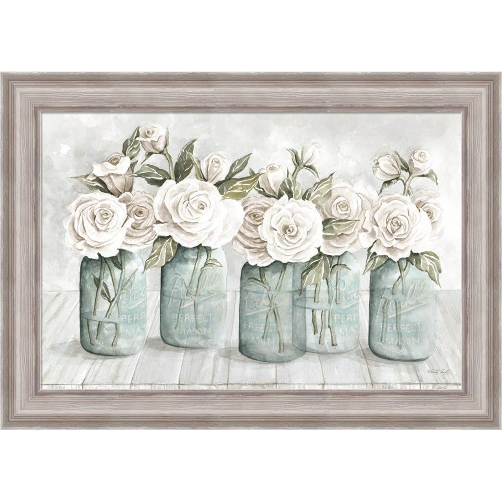 Floral Parade White Roses in Distressed Frame Print