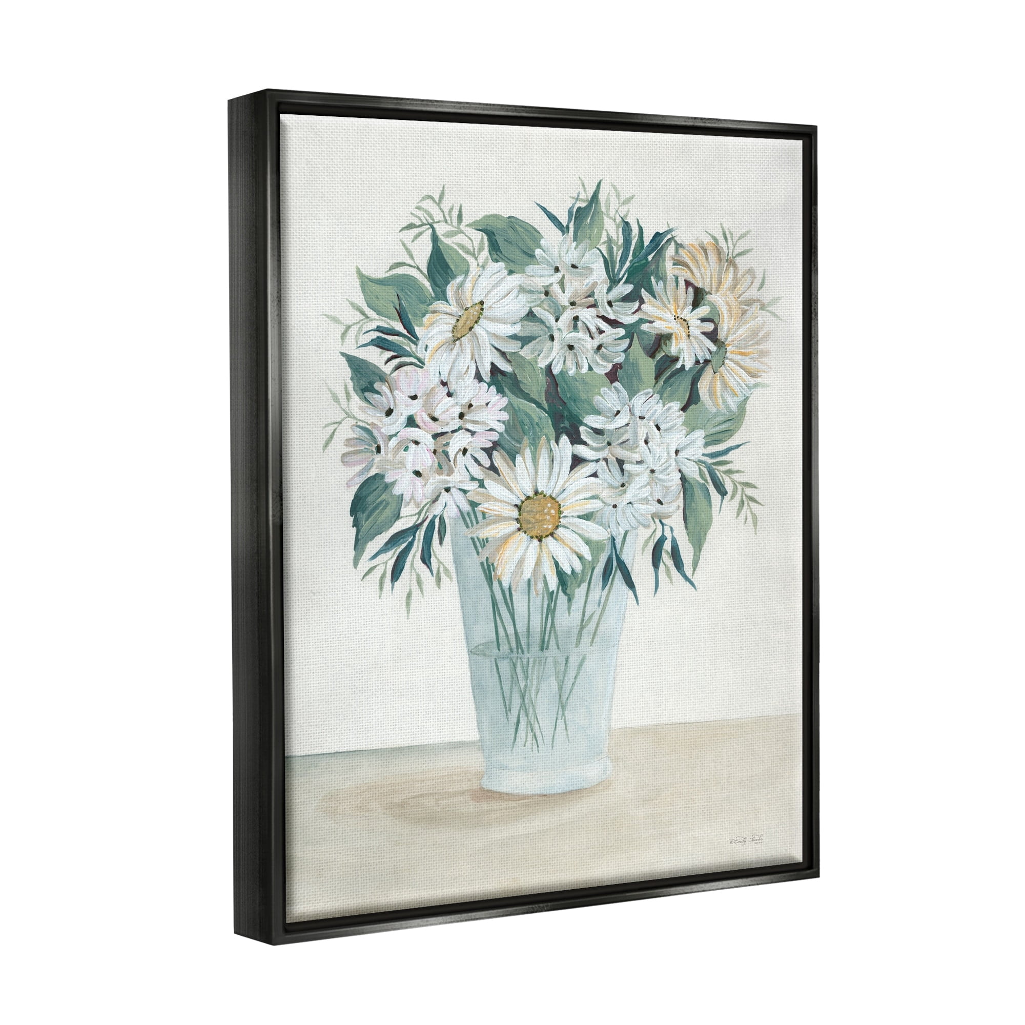 Stupell Industries Wildflower Daisies Floral Bouquet Arrangement Glass Vase Painting Jet Black Floating Framed Canvas Print Wall Art, Design by Cindy Jacobs