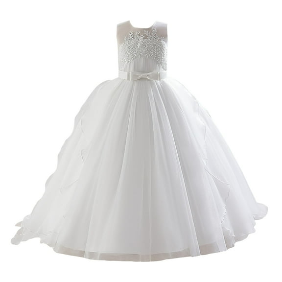 Bearichfupo Toddler Girls Sleeveless Floral Embroidery Lace Tulle Ruffles Party Evening Dress Wedding Dress, Sizes 6-7 Years