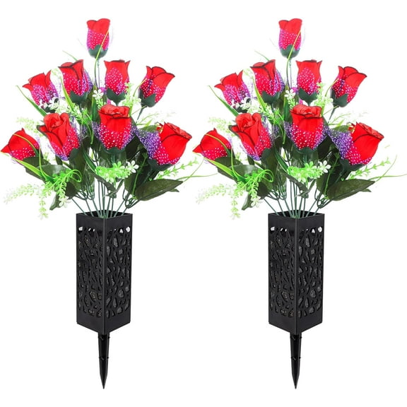 Artificial Cemetery Flowers, Grave Decoration for Headstones Lasting and Non-Bleed Colors,Accompanied by 2 Long Nail Vases (12 Head Flowers, red)