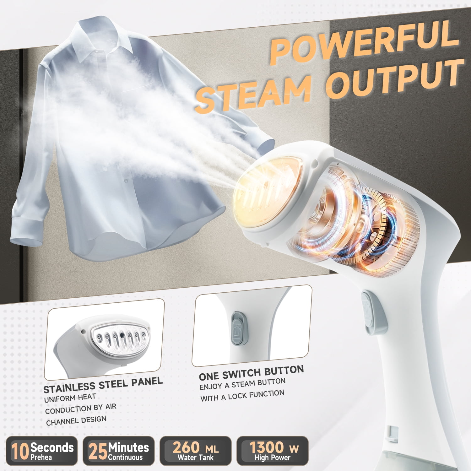 Aonhom Steamer for Clothes, Handheld Clothes Steamer with 260ml Water Tank, 1300W Portable Travel Garment Steamer, White