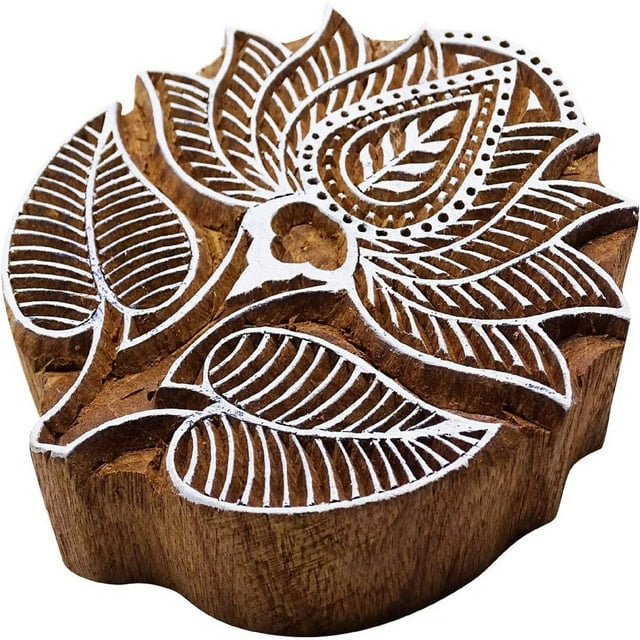 Lotus Block Print Wooden Textile Stamp Brown Hand Carved Printing Block