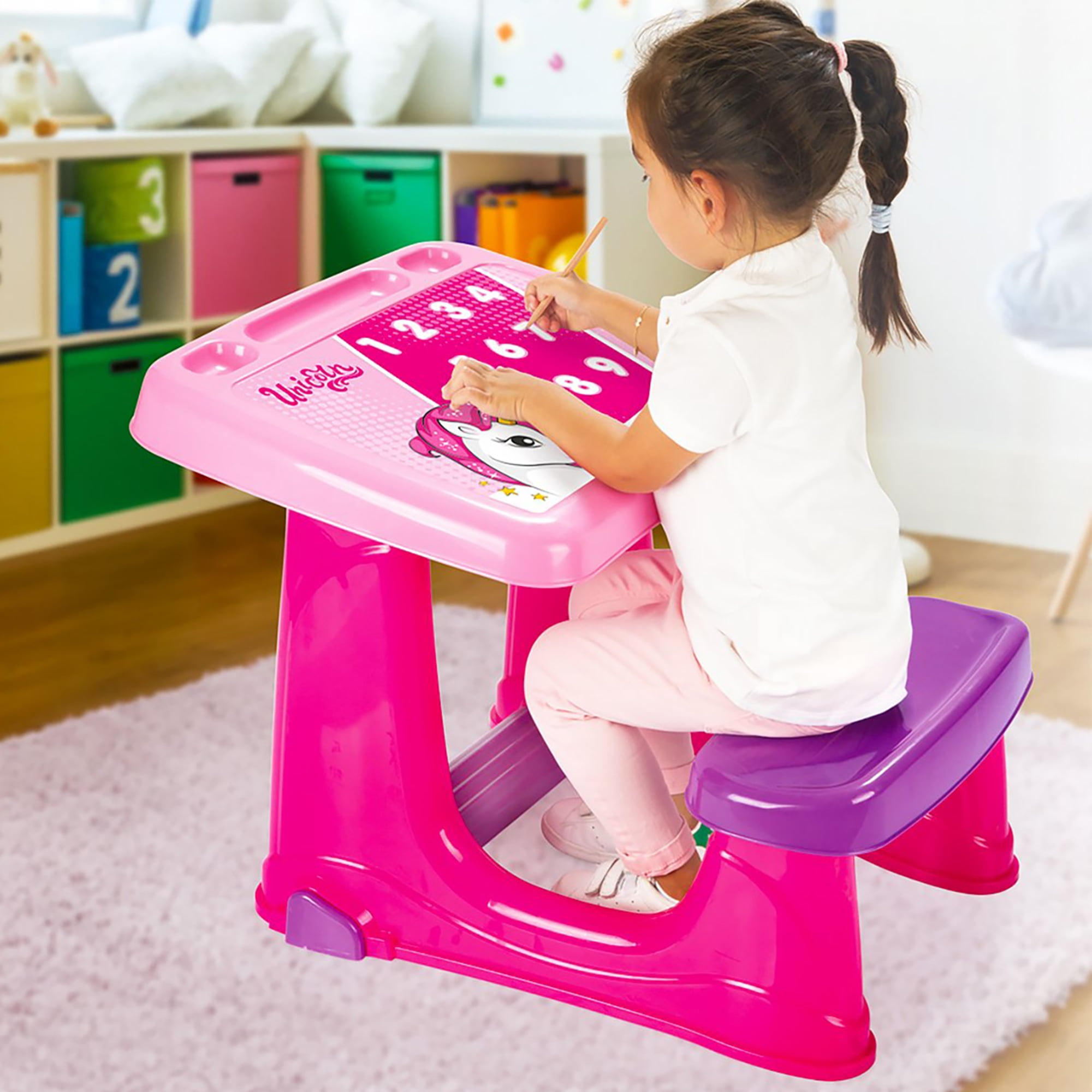 Dolu: Smart Study Craft Desk - Pink Unicorn - Comfortable Seat & Ergonomic Footrest, Desktop Study & Play Space, Stationary Grooves, Kids & Toddler 2+