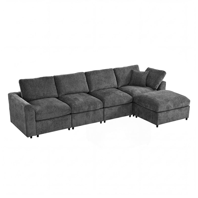 L-Shaped Modular Sectional Sofa, 4-Seater Chenille Couch with Movable Ottoman, Deep Seat Modern Sofa with Solid Wood Frame, 1 Throw Pillow for Living Room & Apartment