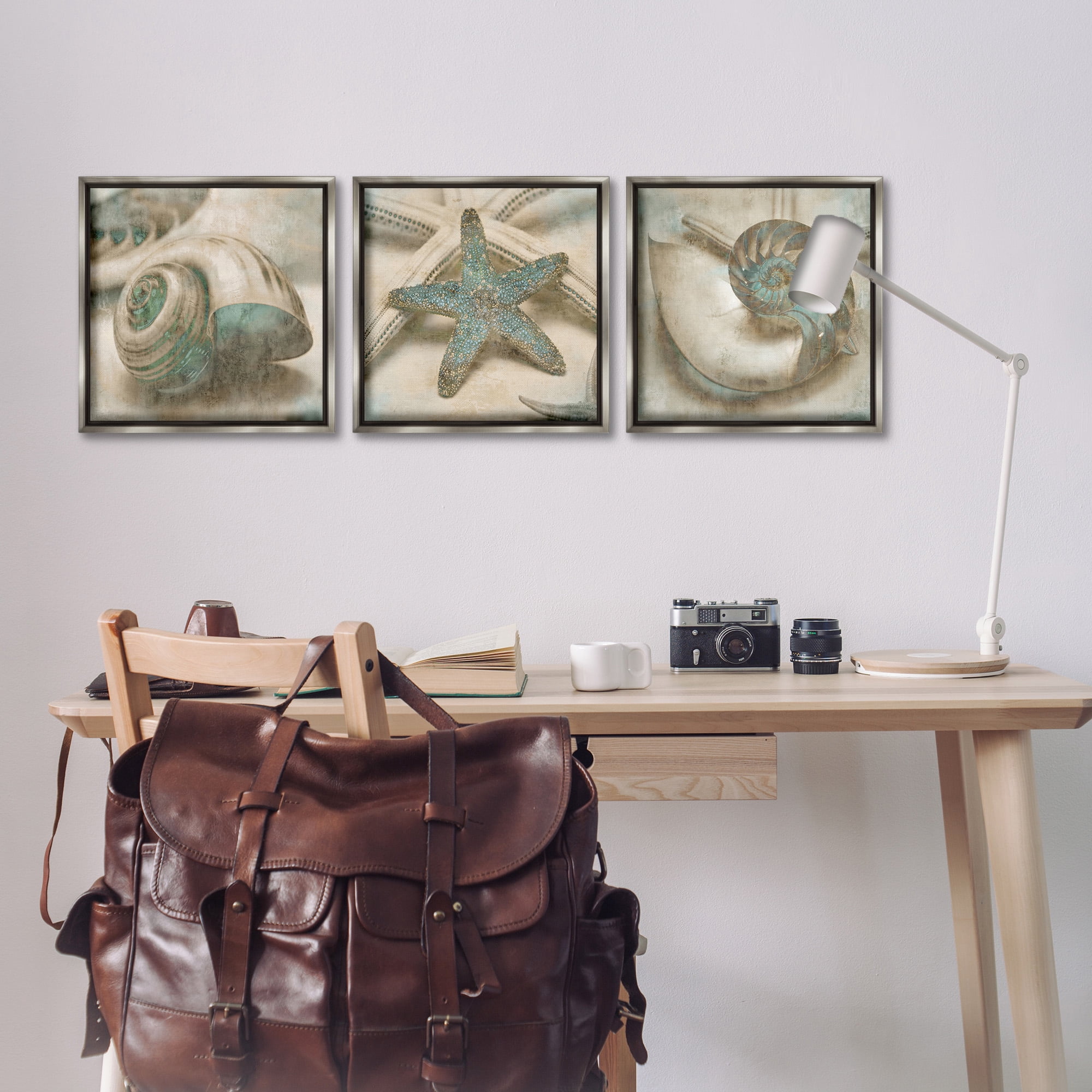 Stupell Industries Starfish & Sea Shells Distressed Nature Painting Gray Floater Framed Canvas Art Print Wall Art, 18 x 18, Set of 3