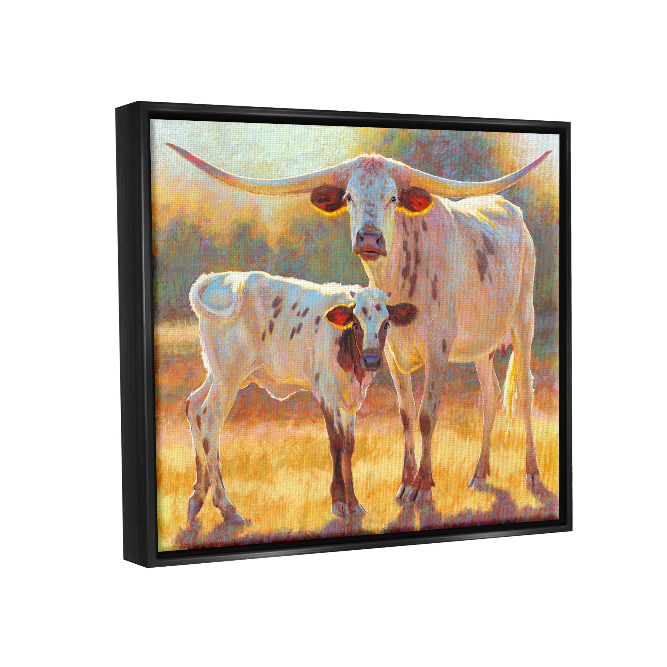 Longhorn & Calf Standing Farm Field Animals & Insects Painting Jet Black Framed Art Print Wall Art
