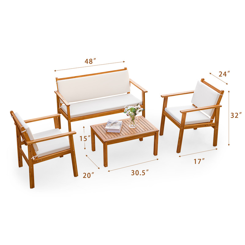 Devoko 4pcs Patio Wood Furniture Sets with Cushion and Table, Outdoor Acacia Conversation Chair and Table Sets, Beige - image 3 of 7