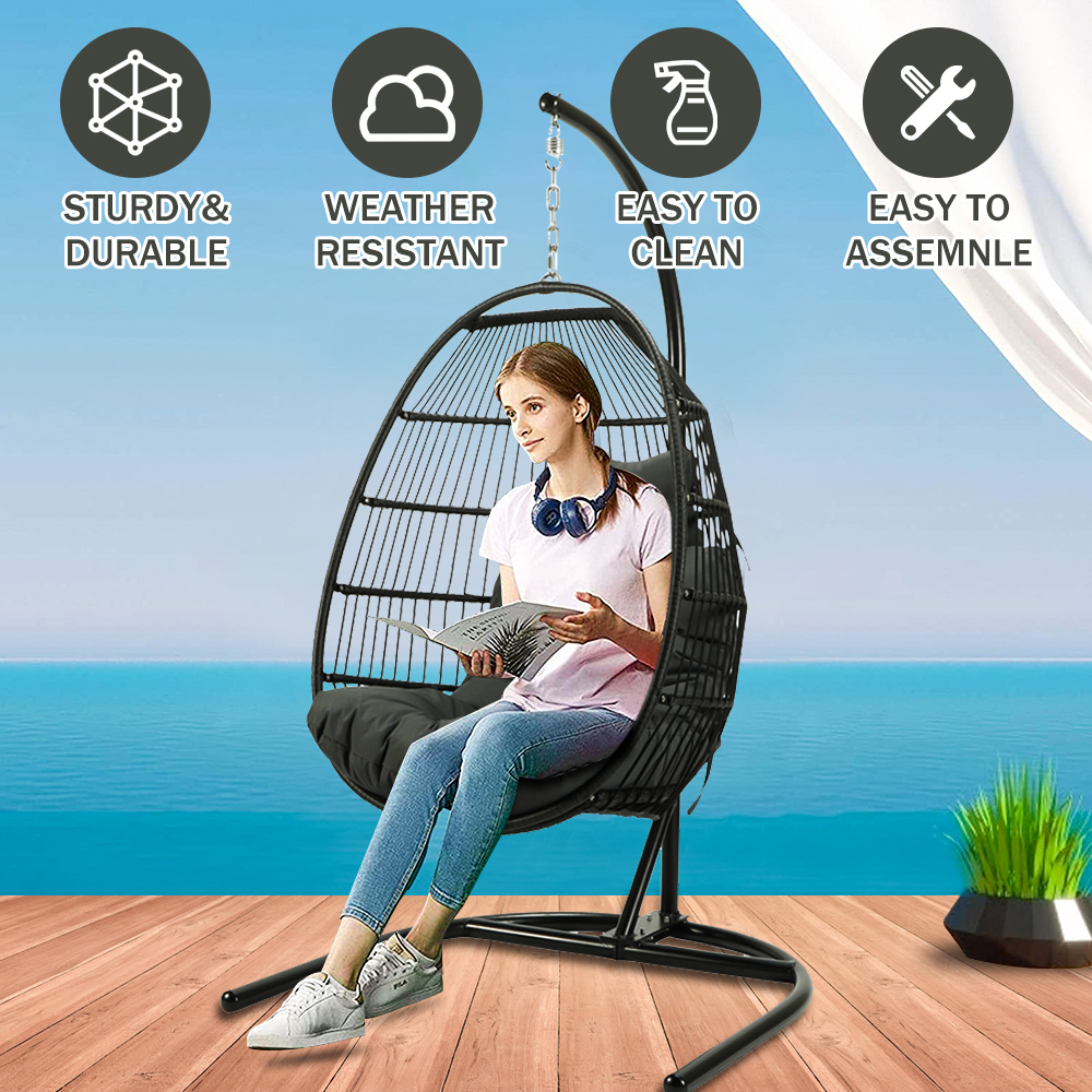 Patio Wicker Hanging Chair with Stand and Gray Cushion, Heavy Duty Hanging Egg Chair with Iron Frame, UV Resistant Outdoor Furniture Swing Chair with Headrest Pillow, Capacity of 240lbs, Q17156 - image 3 of 12