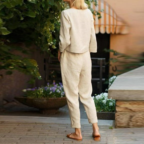 Women Summer Linen Outfits Cotton Long Sleeve Shirt Wide Leg Capris Pants Two Pieces Loungewear Sweatsuit Tracksuit