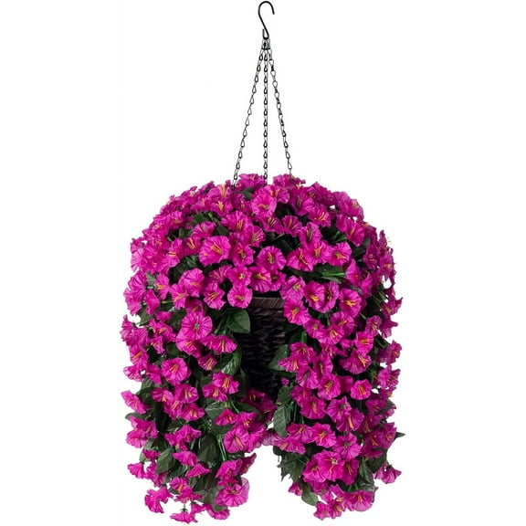 Artificial Fake Hanging Flowers Plants Basket for Outdoor Spring Decoration, Faux Silk Fuchsia Morning Glory Long Stems in Planter UV Resistant Look Real for Outside Porch Patio Balcony Home