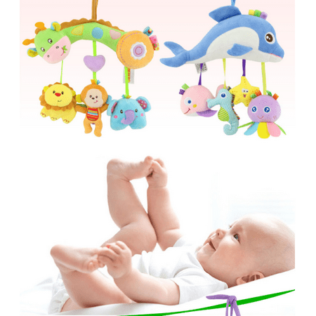 Kids Stroller and Travel Activity Toy Baby Bed Hanging Toys, Car Seat Stuffed Toys With Ringing Bell Mirror Wraps Around Crib
