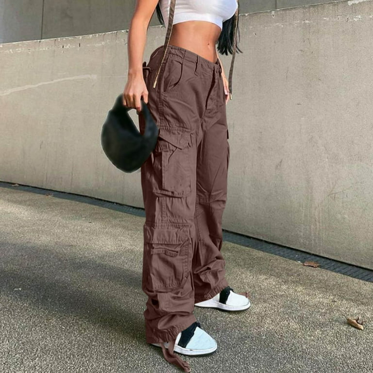 haxmnou women high waist baggy cargo pants cargo jeans jogger pocket loose  fit straight wide leg trouser coffee xxl