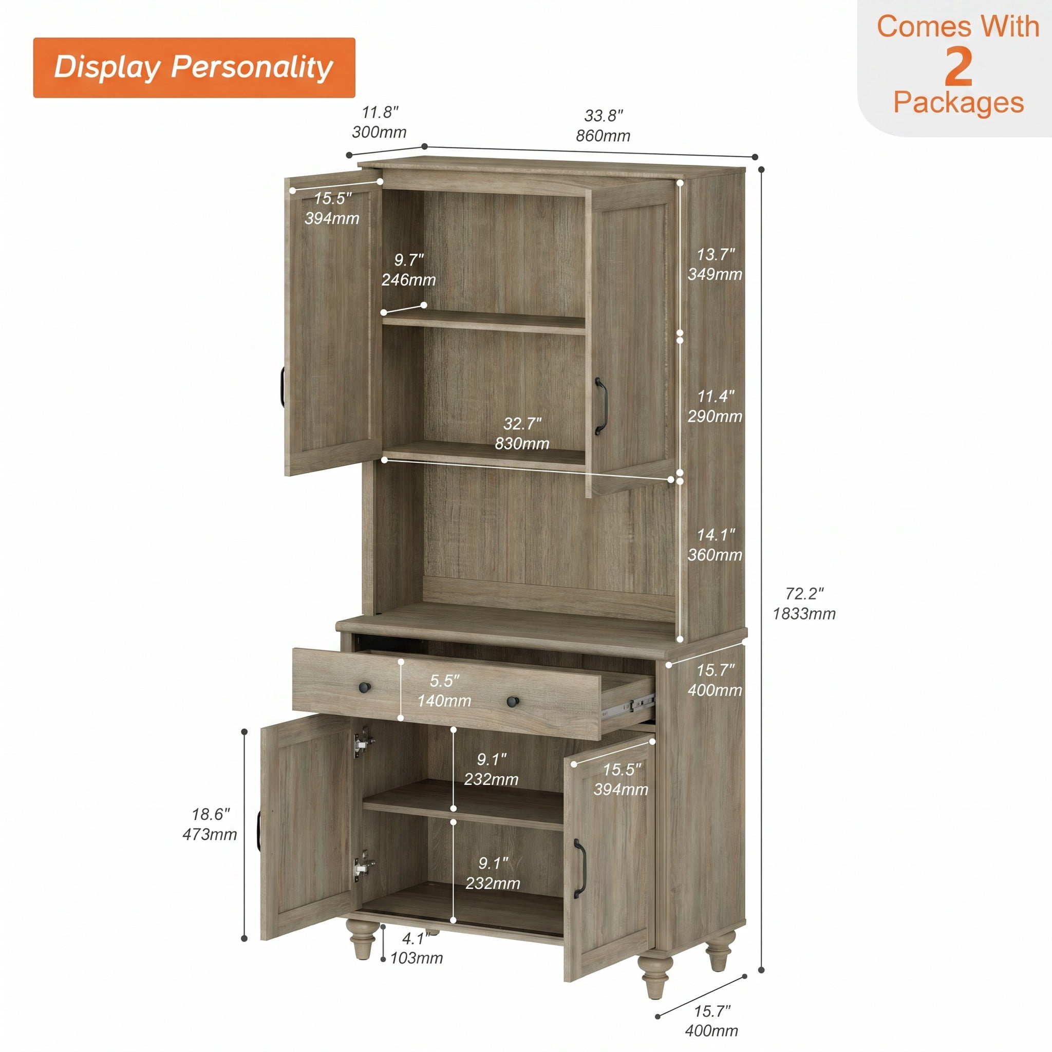 72"H × 34"W Farmhouse Wooden Library Bookcase with Spacious Storage Cabinet, Freestanding Bookshelf for Living Room, Office & Study Room, Wash Gray
