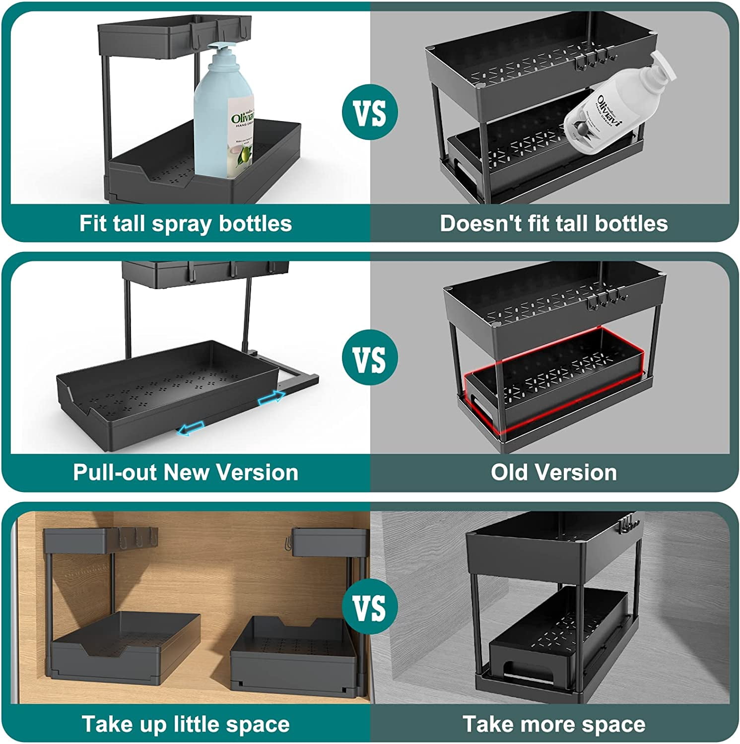 2-Tier Under Sink Organizers, 2 Pack Sliding L-shape Cabinet Organizers Narrow Space Storage Multi-purpose Sink Organizer for Bathroom Kitchen Drawer(Black 2 )