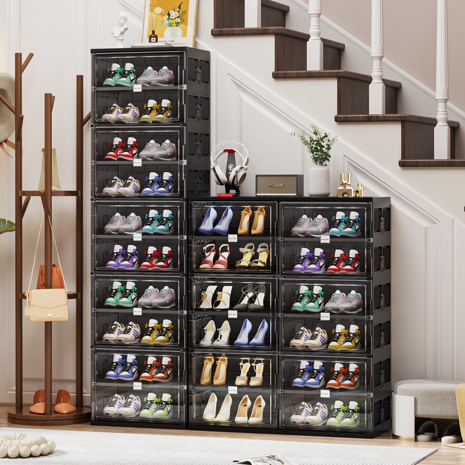JEKO&JEKO 9 Tiers 36 Pairs Shoe Rack Organizer, Foldable Storage Cabinet for Closet with Magnetic Doors (Black)