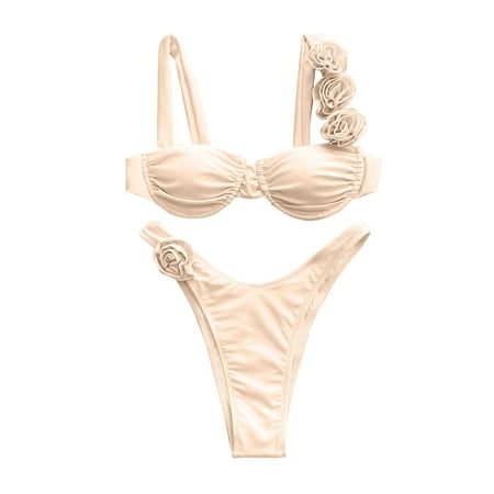 Women s 2 Piece 3D Rose Bikini Set High Cut Cheeky Swimsuit Fashion Floral Appliques Bathing Suit 2025