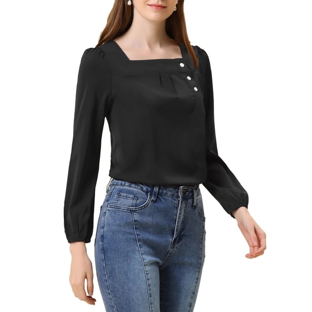 INSPIRAR CHIC Blusa de Manga Larga Sólida con Cuello Cuadrado para Mujeres, Casual, para el Trabajo y el Fin de Semana, XL Negro