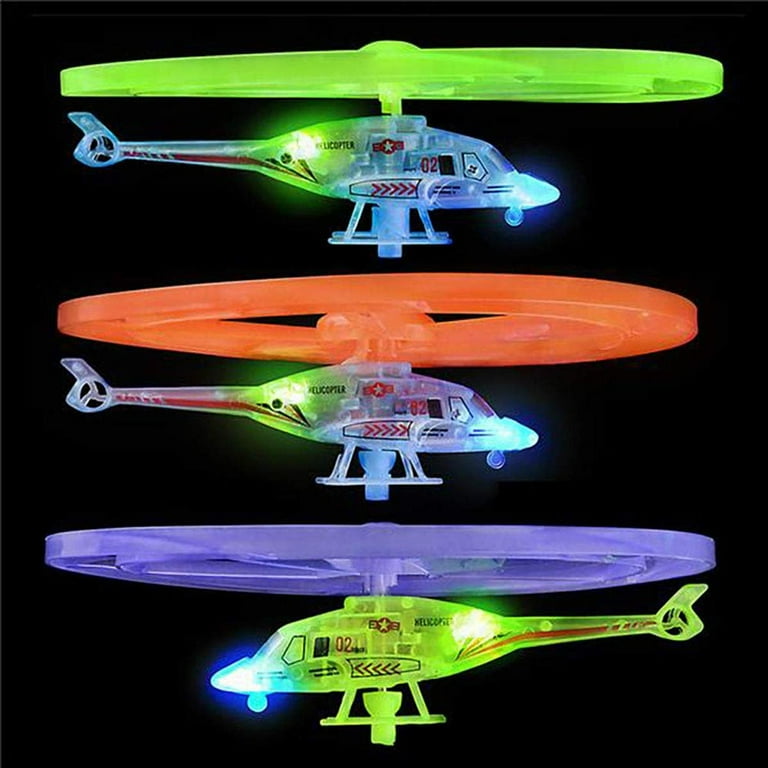 Kicko 2 Pack Flying Light Up Ripcord Helicopter Night Glow Outdoor Play Party Favor