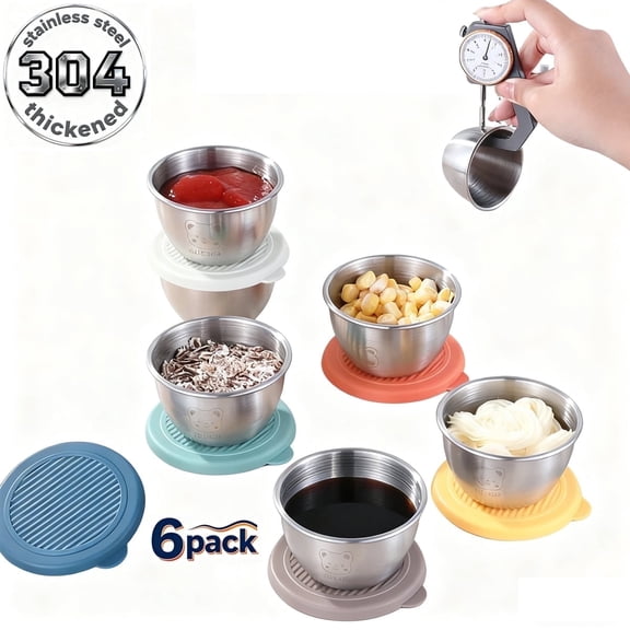 Asunby Stainless Steel Sauce Containers to Go, 1.7 oz Leakproof Reusable Condiment Cups with Lids for Meal & Lunch Box - Easy to Open Dipping Sauce Holders (6 Pack)
