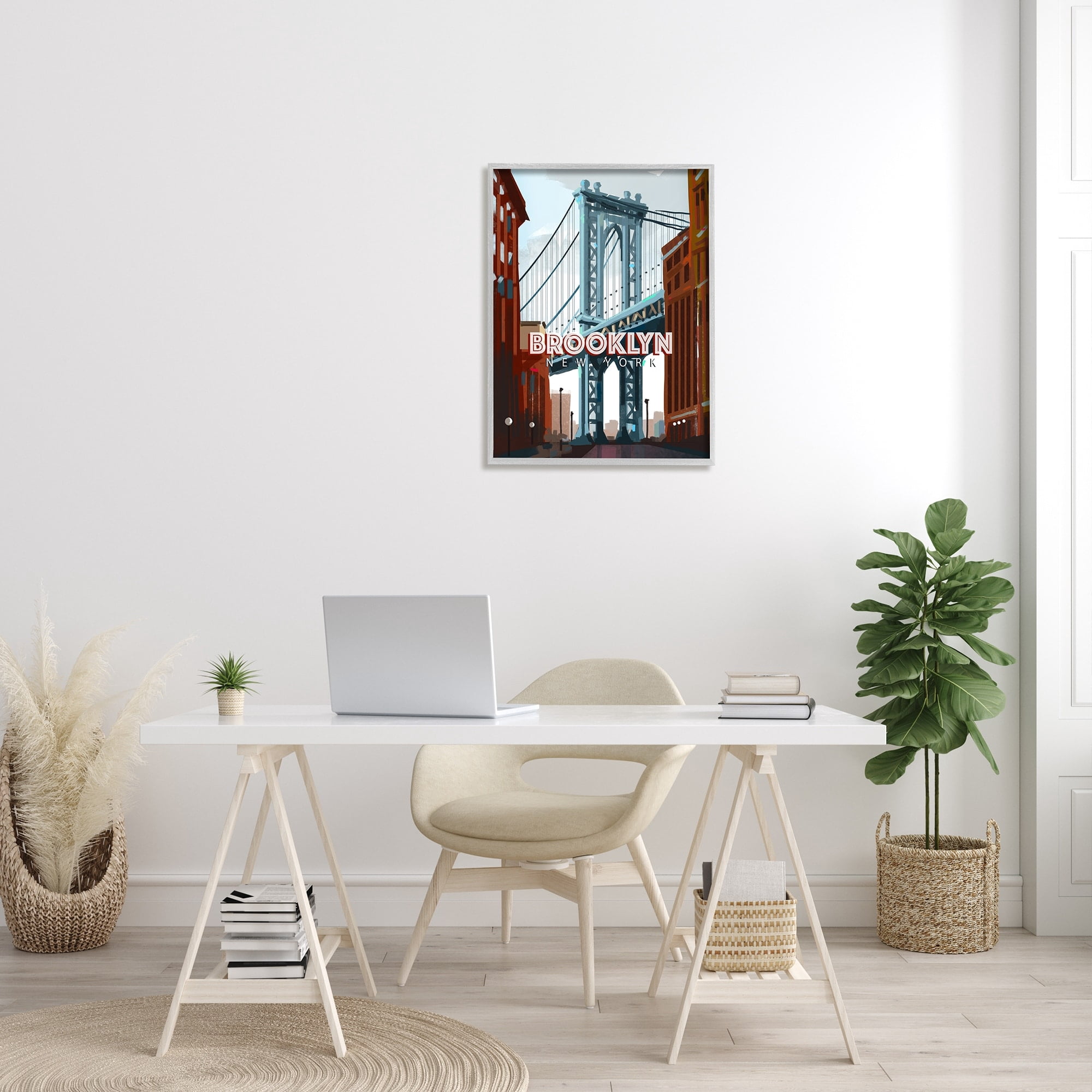 Stupell Industries Layered Brooklyn Bridge Architecture Urban Scenery Travel Graphic Art Gray Framed Art Print Wall Art, Design by David Owens Illustration