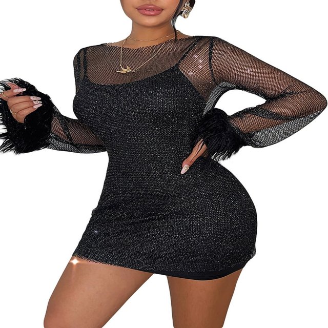Filet de Pêche Mini-Robe pour Femmes Manches Longues Manches Longues Mesh Brillant Couvrir Clubwear