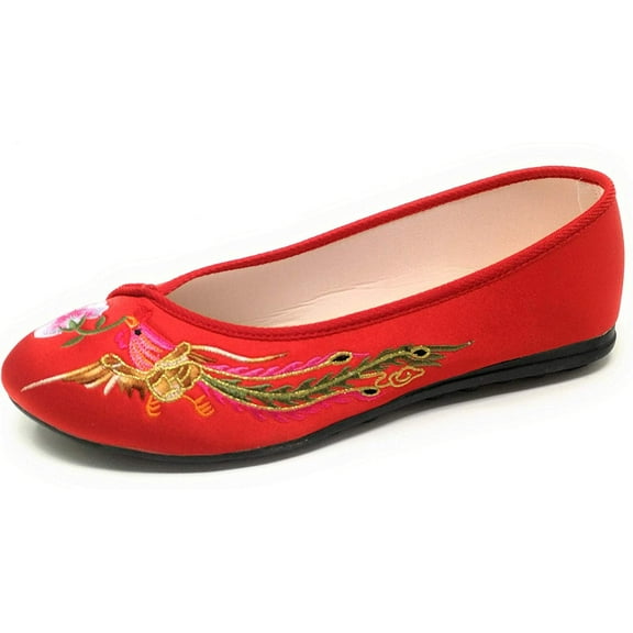 TJ Global Women's Traditional Chinese Phoenix and Flower Embroidery Flats - Totem Style Loafers Comfortable Round Toe Ballet, Cheongsam (Red, Size 7)