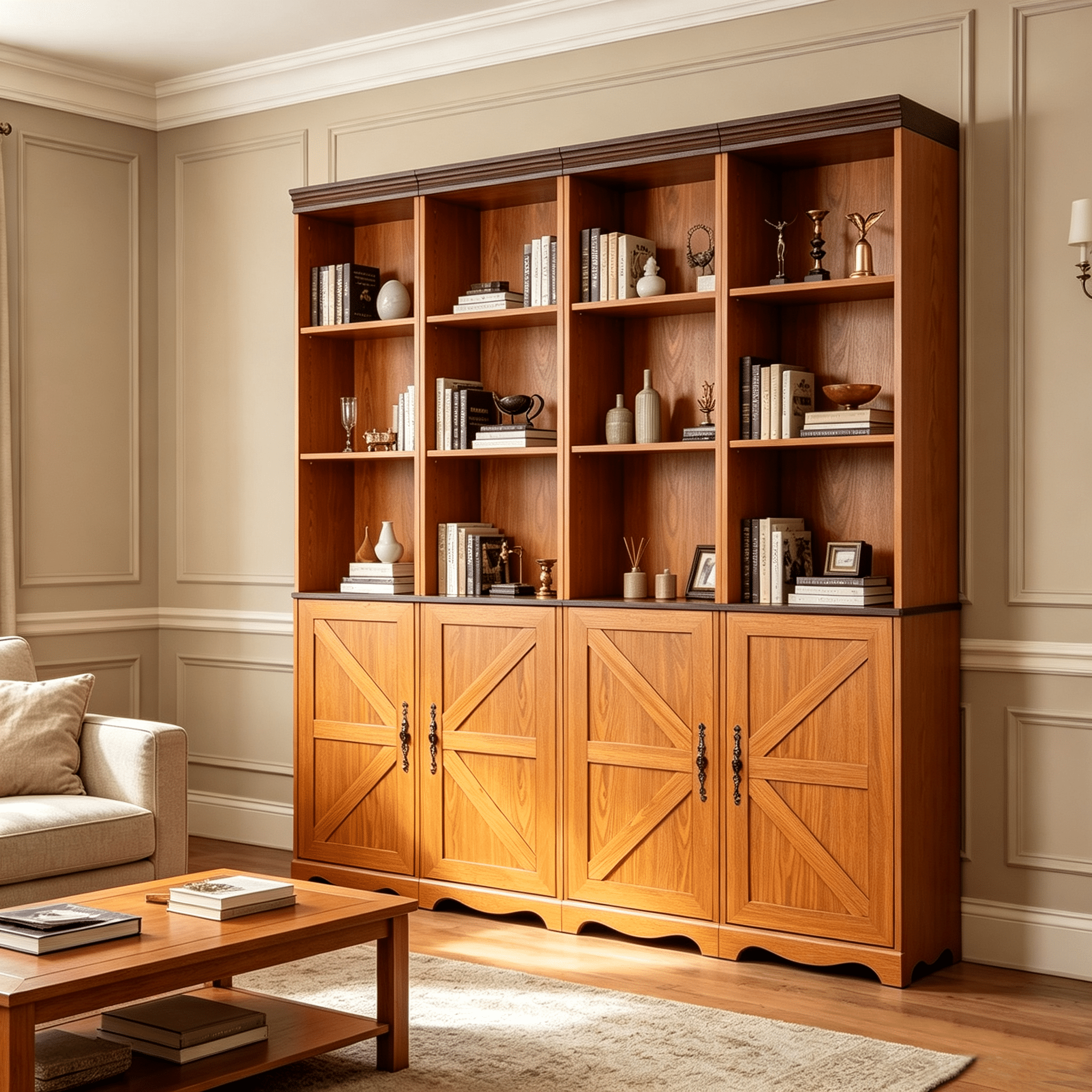 71" 4 Pcs Combined Storage Bookshelf Cabinet, 3 Tier Bookcase with Adjustable Shelf and Closed Cabinets