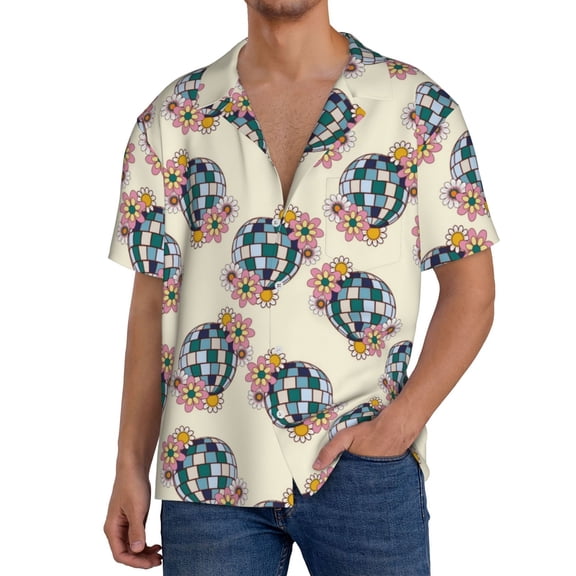 Gukieu 70s Disco Ball Print Men's Short-sleeved Shirts, Button-down Pocket Shirts, T-shirts, Beach Vacation Travel Summer Clothing-Small