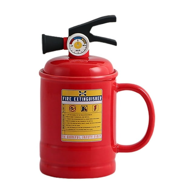Glass&Bottle Novelty Ceramic Cup with Lid and Spoon by Fire Extinguisher Functional Drinking for Home