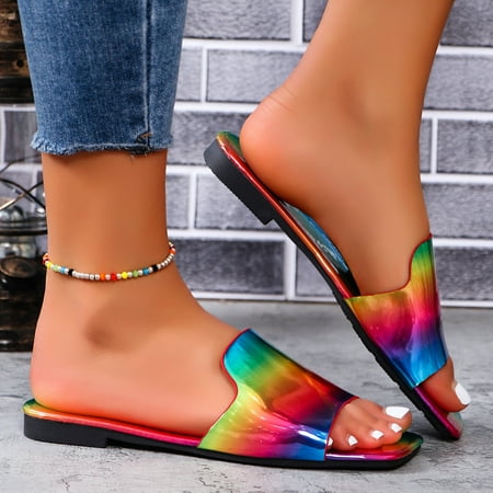 

Sandals Women Comfortable Summer Sandals Classic Sandals Sandals WomenLadies Summer Casual Shiny Leather Rainbow Colour Large Size Flat Sandal SlippersRed42