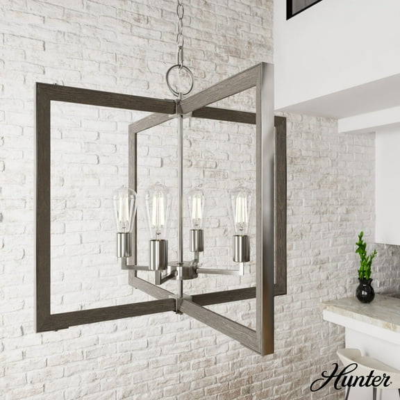 Hunter - Woodburn 4-light Brushed Nickel, Extra Large Pendant Light, Dimmable, Modern Style, Rectangle Shaped, for Bedrooms, Dining, Living Rooms - 19807