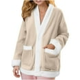 thumbnail image 6 of Fleece Jacket Womens Pajama Tops V-Neck Button Down Sleepwear Winter Loungewear Flannel Shacket Fuzzy Sweater Bed Coat Beige L, 6 of 6