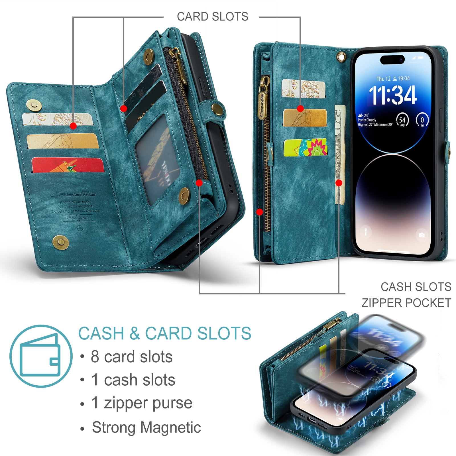 TECH CIRCLE Apple iPhone 14 Pro Max Case,iPhone 14 Pro Max Wallet Case with Card Holder Kickstand Zipper Pocket Lanyard Strap Wristlet PU Leather Flip Case Wallet for iPhone 14 Pro Max 6.7 inch,Green
