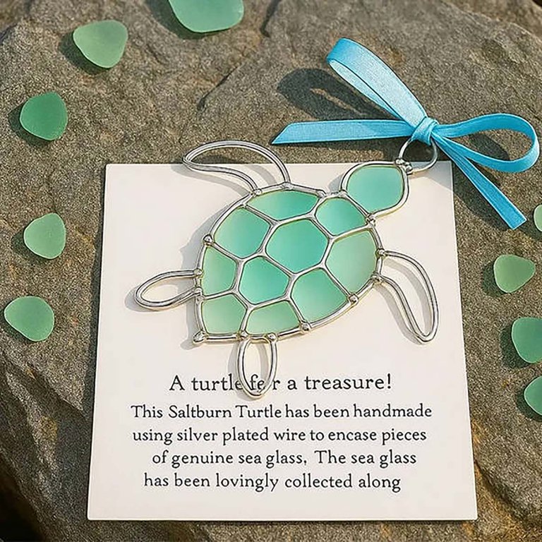 Saltburn Sea Glass Turtle Romoty Handmade Sea Glass Aesthetic 2D Flat Ornament, Faux Wire-Wrapped Sea  Turtle Whale Dolphin Shark Seahorse Octopus, Coastal Beach House Decor,  Acrylic