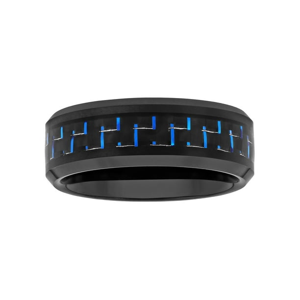 Men's Black and Blue Carbon Fiber Inlaid Ring in Black Men's Black and Blue Carbon Fiber Inlaid Ring in Black