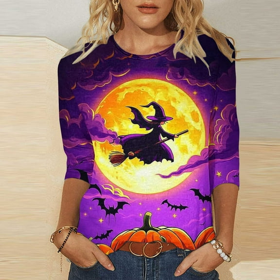 VKOYWKM 3/4 Sleeve Tops for Women Halloween Shirts Fall Crew Neck Loose Spooky Witch Graphic T Shirts Halloween Costume