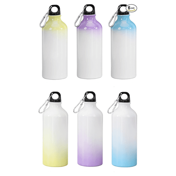 6 Pack 600ml/20oz Sublimation Blank Colorful Aluminium Water Bottle with Carabiner For Heat Transfer Aluminum Sports Bottle For Bicycle Travel