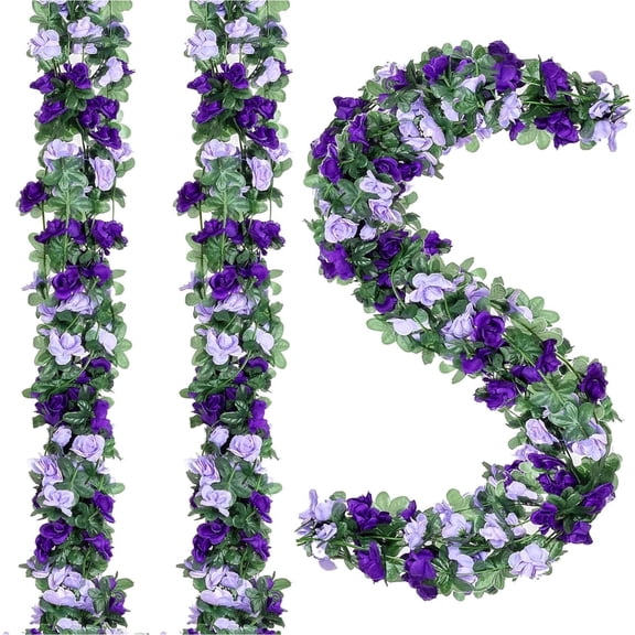 Topboutique 5 Pcs Fake Rose Vine Flowers Plants,Artificial Flower Garland Hanging Rose Ivy,Fake Rose Hanging Flowers for Wedding Birthday Party Arch Garden Floral Garlands Decor,Purple,40ft(total)
