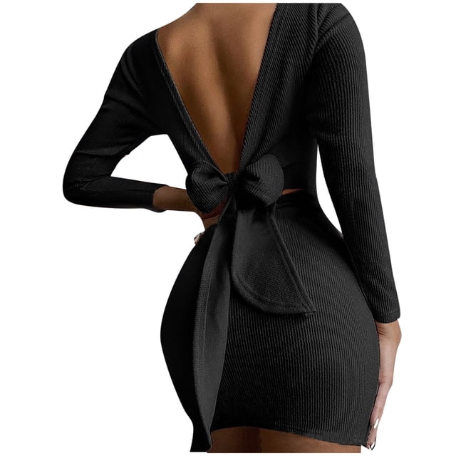 Mode Femmes Automne Ceinture Solide Manches Longues Dos Nu Mini Derss