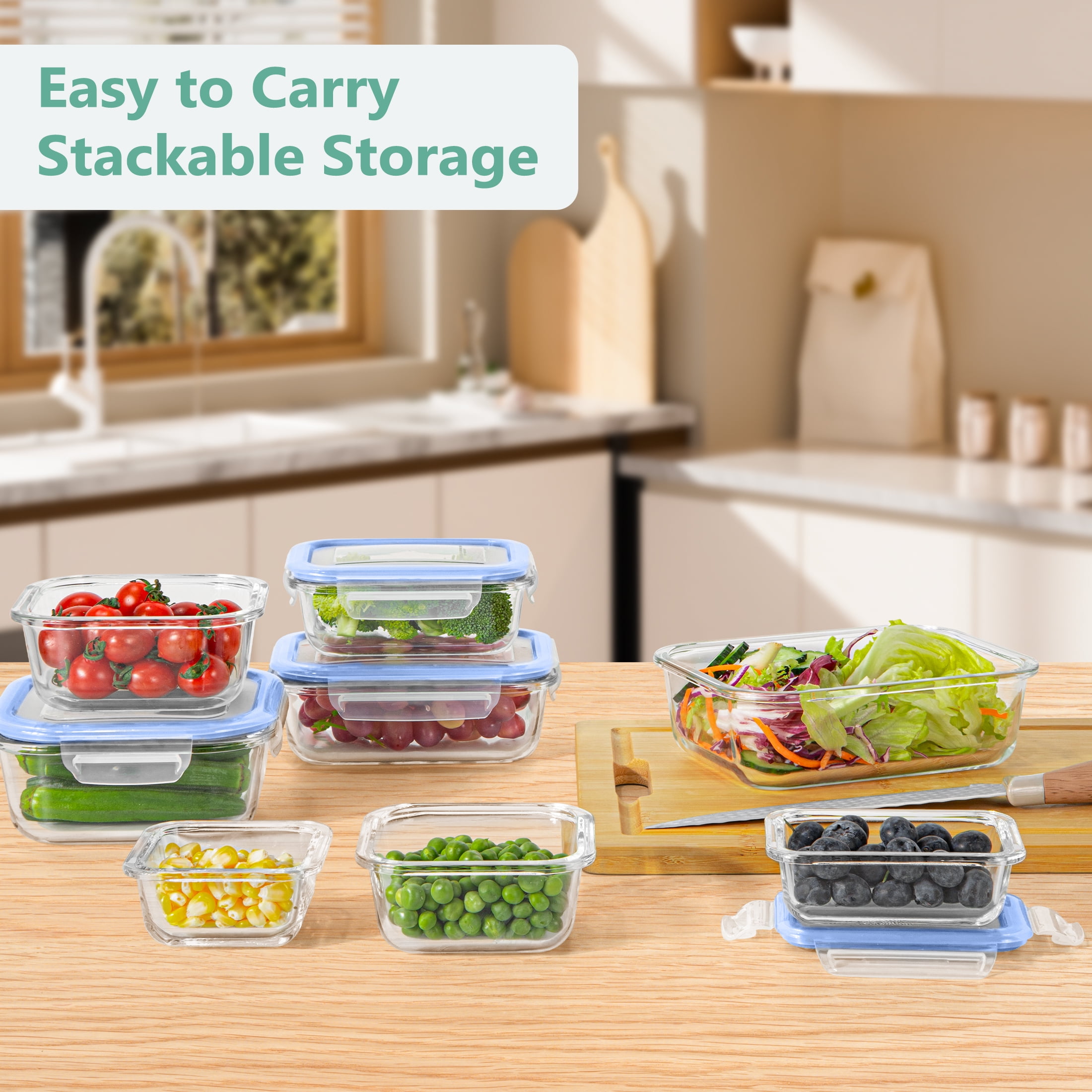 GPED 8 Pack Glass Meal Prep Containers, Food Storage Containers with Lids, Glass Lunch Boxes, Airtight Bento Boxes, for Microwave, Oven, Freezer and Dishwasher Safe, Blue