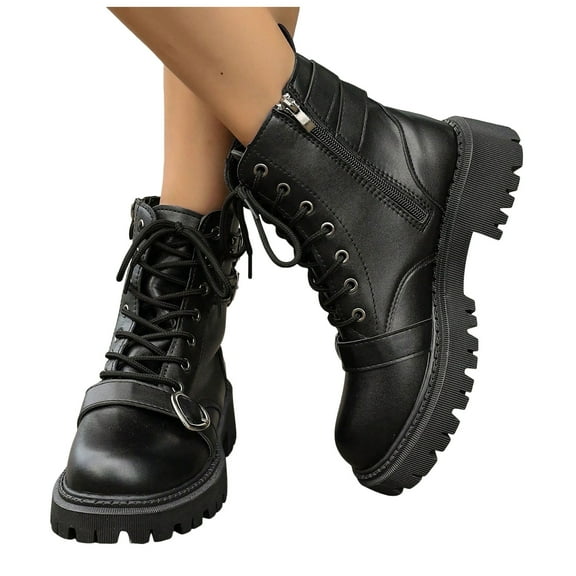 Chunky Mid Calf Combat Boot for Women Fashion Heart Buckle Black Leather Platform Riding Short Ankle Booties with Side Zipper Valentines Day for Her