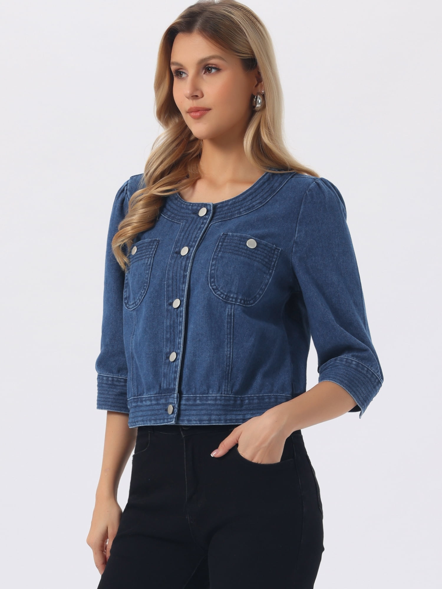 DARING DIVA Women's Casual 3/4 Sleeve Button Up Cropped Denim Jacket S Medium Blue