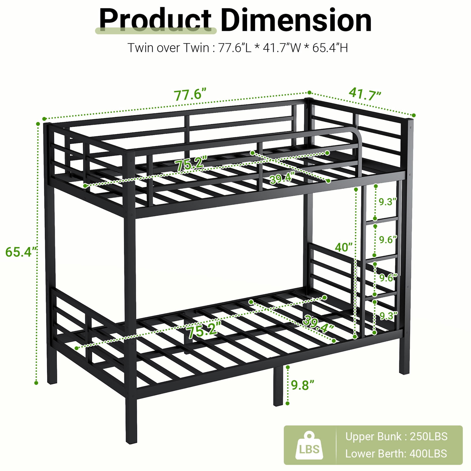 Miniyam Twin over Twin Metal Bunk Bed Frame, Noise Free, Space Saving, Black