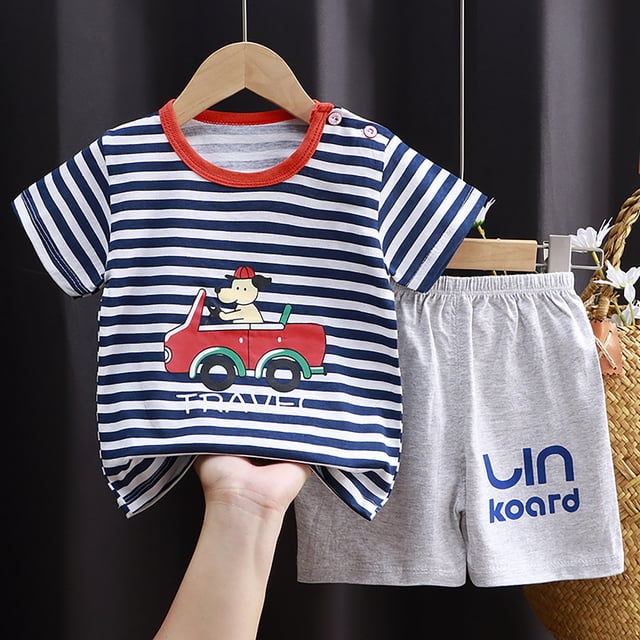 Ensemble Garçon Rayures T-Shirt Manches Courtes Hauts Shorts Décontractés Col Rond Tenues d'Été Bébé Garçon 2-3 Ans Vêtements